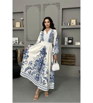 Neşeli butik kadın mavi güpür detaylı atlas kumaş desenli ithal elbise NBMS25109
