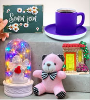 Mor Kahve Fincanlı Renkli Led Işıklı Fanuslu Hediye Seti (Model 2)