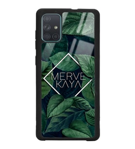 Samsung A71 Uyumlu Yeşil Yapraklı Kare İsim Tasarımlı Glossy Telefon Kılıfı