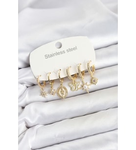 316L Çelik Gold Renk Zirkon Taşlı Charm Detaylı Kadın Küpe Seti TJ-BKP11878