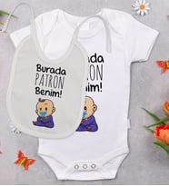 BK Kids Burada Patron Benim Tasarımlı Bebek Body Zıbın ve Mama Önlüğü Hediye Seti - Model 1