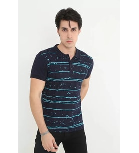 Erkek Yakalı Slim Fit Pike Çizgili T-Shirt - Lacivert
