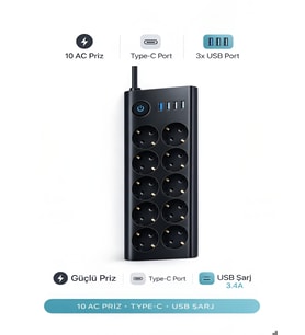 10'lu PRİZ, 3XUSB, 3.4 Amper, 1xType-C Girişli 16A Akım Korumalı Uzatma Kablolu Priz Çoklayıcı