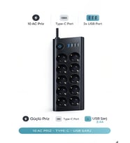 10'lu PRİZ, 3XUSB, 3.4 Amper, 1xType-C Girişli 16A Akım Korumalı Uzatma Kablolu Priz Çoklayıcı