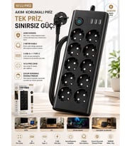 10'lu PRİZ, 3XUSB, 3.4 Amper, 1xType-C Girişli 16A Akım Korumalı Uzatma Kablolu Priz Çoklayıcı