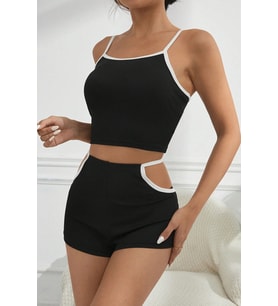 Kadın Siyah Beyaz Şortlu Cut-Out Detaylı Gecelik Takımı H110470
