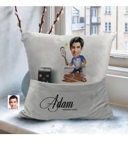 BK Gift Kişiye Özel Tenis Oyuncusu Karikatür Tasarımlı Organizer Kumanda ve Atıştırmalık Cepli Gri Kırlent Yastık-3 Arkadaşa Hediye, Cepli Yastık