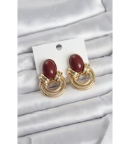 Pirinç Gold Renk Bordo Taşlı Vintage Kadın Küpe - TJ-BKP11679