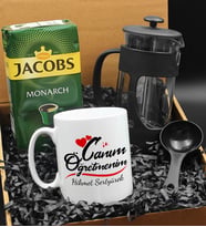 Öğretmenler Gününe Özel Canım Öğretmenim Kupa & French Press & 250 Gram Jacobs Monarch Filtre Kahve Hediye Seti