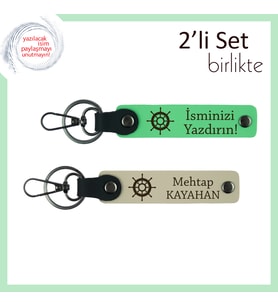 Deniz Temalı İsimli Hediyelik, 2’li Gemi Dümeni Desenli Anahtarlık, Fıstık Yeşil-Sütlü Kahve