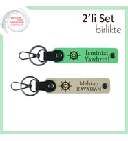 Deniz Temalı İsimli Hediyelik, 2’li Gemi Dümeni Desenli Anahtarlık, Fıstık Yeşil-Sütlü Kahve