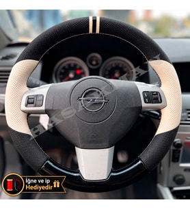 Opel Astra H Dikme Direksiyon Kılıfı Delikli Deri Parlak Siyah Bej Detay Çift Yüzük ve Dikiş 2004-2014