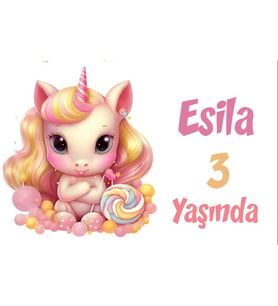 Pembe Unicorn Temalı Doğum Günü Afişi -4 35X50 cm