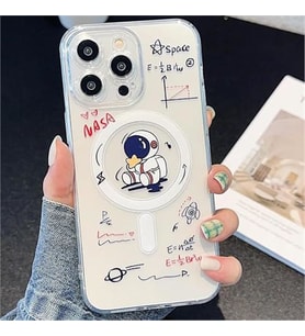 Coverzone iPhone 14 Pro ile uyumlu K?l?f Wireless ?arj �zellikli Magsafe ile uyumlu Astronot Bask?l? Sert PC ?effaf Arka Y�zey Y?ld?z Nasa