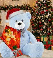 Yılbaşı Konsepti-LED Işıklı Romantik Yeşil - Kırmızı-  Beyaz Peluş Ayıcık Buketi ve 90 cm Peluş Ayı (Açık Mavi)