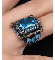 Aquamarine (Aqua Marin) Taşlı Zirkon Taş Süslemeli 925 Ayar Gümüş Erkek Yüzüğü