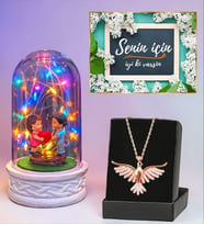 Renkli Led Işıklı Fanus ve Zümrüdü Anka Kuşu Kolye Hediye Seti (Model 7)