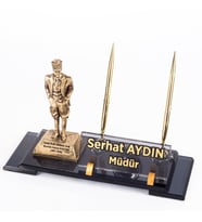 Atatürk Heykeli Biblolu Elit Kristal İsimlik Masa İsimliği Çift Kalemli İsimlik Lüks Ofis Hediye