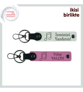Müzisyen Sevgiliye Ömürlük Hatıra, Deri Nota Figürlü Anahtarlık Seti, Adını Yazdır, Beyaz-Pembe