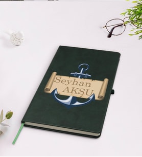 BK Gift Kişiye Özel Çapa Tasarımlı Yeşil Termo Deri Defter Model 3