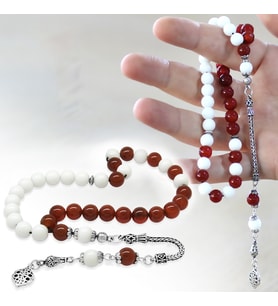 925 Ayar Gümüş Püsküllü Küre Kesim Kırmızı Beyaz Jade Akik Doğaltaş Taraftar Tesbih