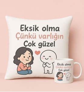 BK Gift Varlığın Çok Güzel Tasarımlı Beyaz Kırlent Yastık&Beyaz Kupa Bardak-1, Doğum Günü Hediyesi, Anneye Hediye, Sevgiliye Hediye, Anneler Günü Hediyesi