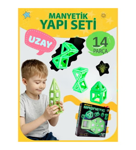 Karanlıkta Parlayan Fosforlu Manyetik Yapı Blokları - 14 Parça Mıknatıslı Eğitici Zeka Oyunu Seti