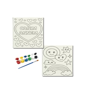 Okul Etkinliği-2'li Tuval Boyama Seti. 20x20 Cm Uv Baskı 6 Akrilik Boya 1 Fırça-model-296
