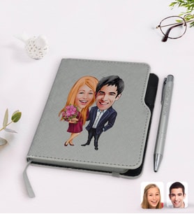 BK Gift Kişiye Özel Sevgililer Karikatürlü Gri Termo Deri Defter Kalem Seti-94