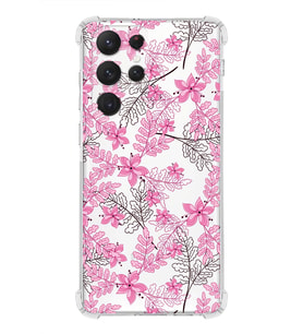Samsung Galaxy S22 Ultra Uyumlu Köşe Korumalı Antişok  Kapak Floral Pembe Tasarımlı Şeffaf  Kılıf