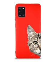 Samsung Galaxy A31 Soft Premier Kapak Catface Tasarımlı Silikon Kılıf - Kırmızı (Şeffaf)