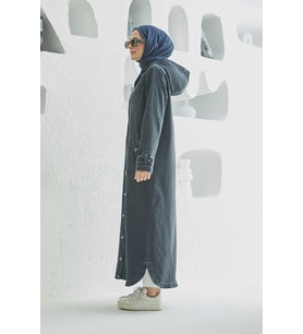 6329-Denim Kapşonlu  kap Koyu Gri