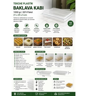 Tekche Plastik Baklava Kabı 1000 gr 50'li 21*29*5 cm