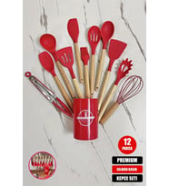 12'li Bambu Mutfak Seti, Silikon Kepçe, Spatula, Kaşık ve Maşa Paket