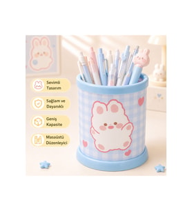Sevimli Kawaii Mavi Tavşan Desenli Geniş Kapasiteli Masaüstü Kalemlik