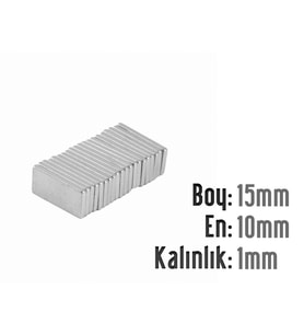 Neodyum Mıknatıs Köşeli  15x10mm , Kalınlık 1 mm ( 5 Adet) (Metal)