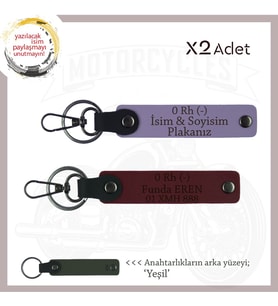Otomobil Sahipleri İçin İsim Plaka ve 0 Rh (-) Kan Grubu Yazılı 2' li Anahtarlık Set, Mor-Bordo-Ysl (Çok Renkli)