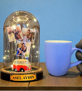Size Özel Tasarım Led Işıklı Fanus ve Turkuaz Kupa Bardak Hediye Seti (Model 6)