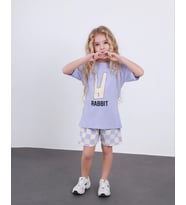 Cg Kids Rabbit Tavşan Baskılı Tshirt & Damalı Şort Lila Alt Üst Takım Süper Kalite (Mor Cilt)