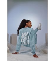 Kadın Mavi Oversize Şardonlu Yazı Baskılı Fluffy Sweatshirt
