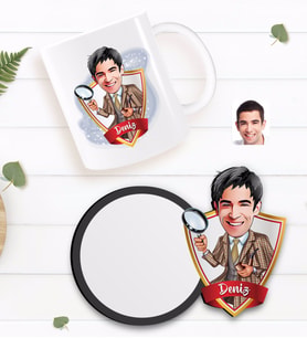 BK Gift Kişiye Özel Müfettiş Karikatürlü Beyaz Kupa ve Ahşap Bardak Altlığı Hediye Seti-1