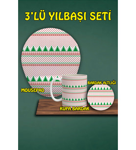 Yılbaşı Temalı 3'lü Mousepad Kupa ve Bardak Altlığı Seti