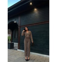 kadın gri tüvit kumaş gol düğmeli crop ceket pantolon ikili takım NBSTR1028