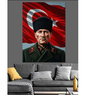 Türk Bayraklı Atatürk Portresi Dekoratif Kanvas - Mdf Ahşap Tablo