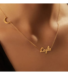 Kişiye Özel Yan Hilal Model İsim Kolye 925K Gümüş (Gold)