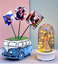 Kişiye Özel Hediye Seti 3 Fotoğraflı Mavi Vosvos Saksı ve Led Işıklı Fanus (Model 7)