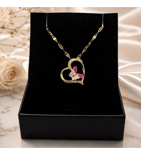 BK Gift Kelebek Detaylı Taşlı Kalp Kadın Kolye - Kararma Yapmayan Gold Çelik Kolye