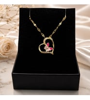 BK Gift Kelebek Detaylı Taşlı Kalp Kadın Kolye - Kararma Yapmayan Gold Çelik Kolye