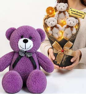 Kişiye Özel Led Işıklı Tasarım Peluş Ayıcık Buketi ve 50 cm Büyük Boy Mor Peluş Ayıcık Seti