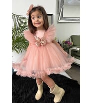 Pul Payet Süslemeli Kabarık Tül Etek Tütü Kız Çocuk Bebek Abiye Elbise (Somon)